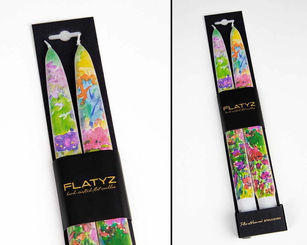 Watercolor Rainbow Flowers - Set of  2 Taper Candles