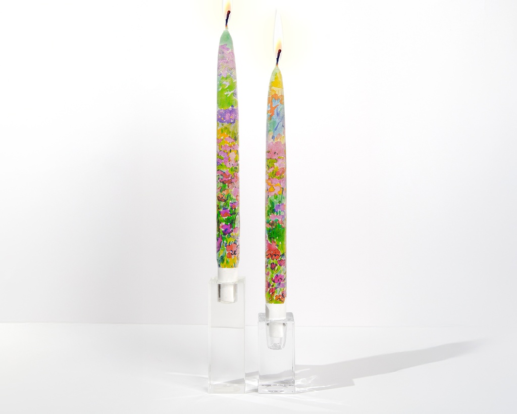 Watercolor Rainbow Flowers - Set of  2 Taper Candles