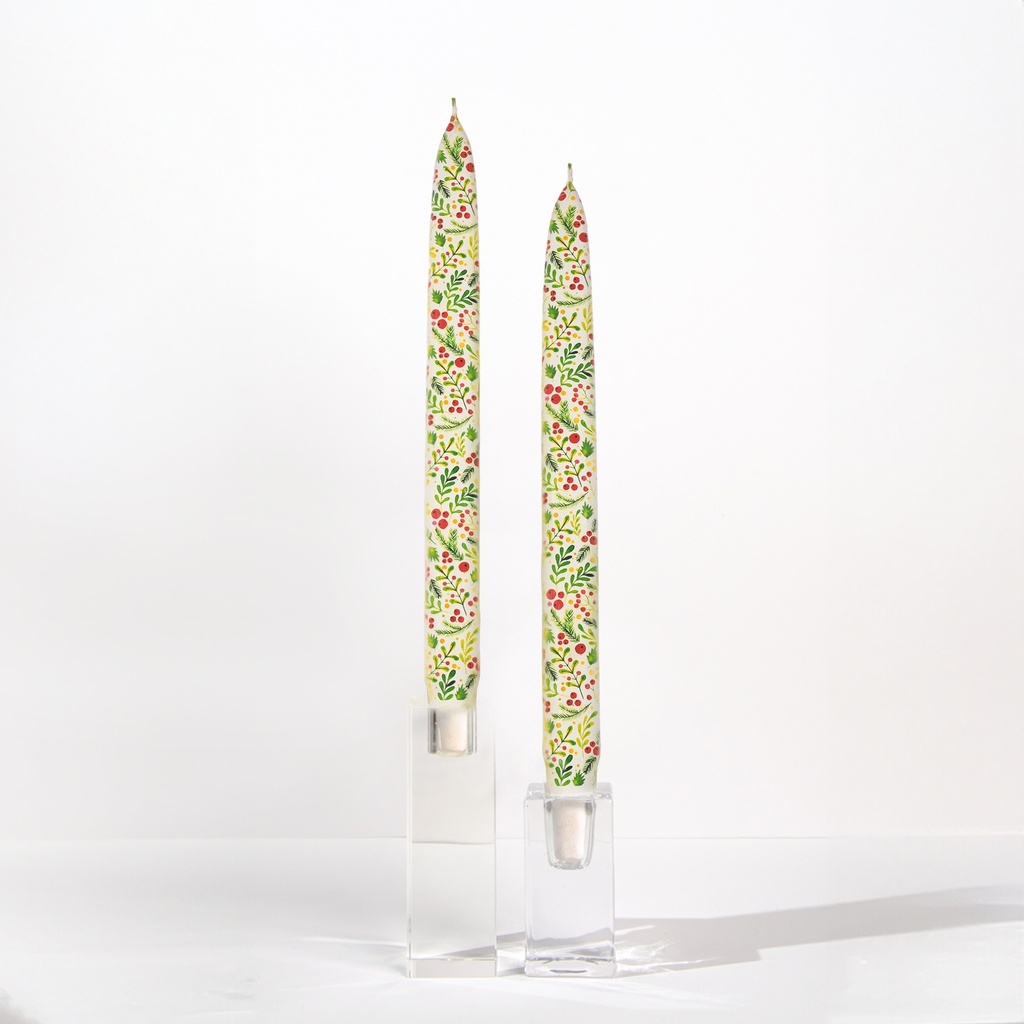 Winter Greenery &amp; Holly Berries - Set of 2 Taper Candles